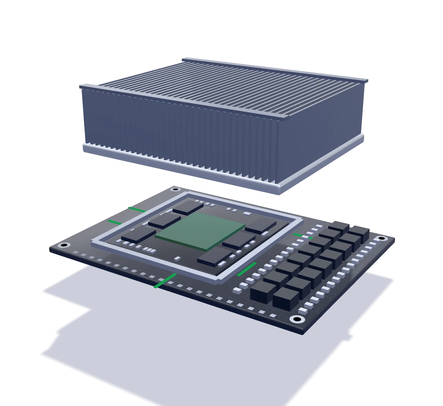 Illustrative 3D render of a data-centre GPU module in exploded view: the module board with the GPU package, its memory and power delivery, and the heatsink lifted above it.